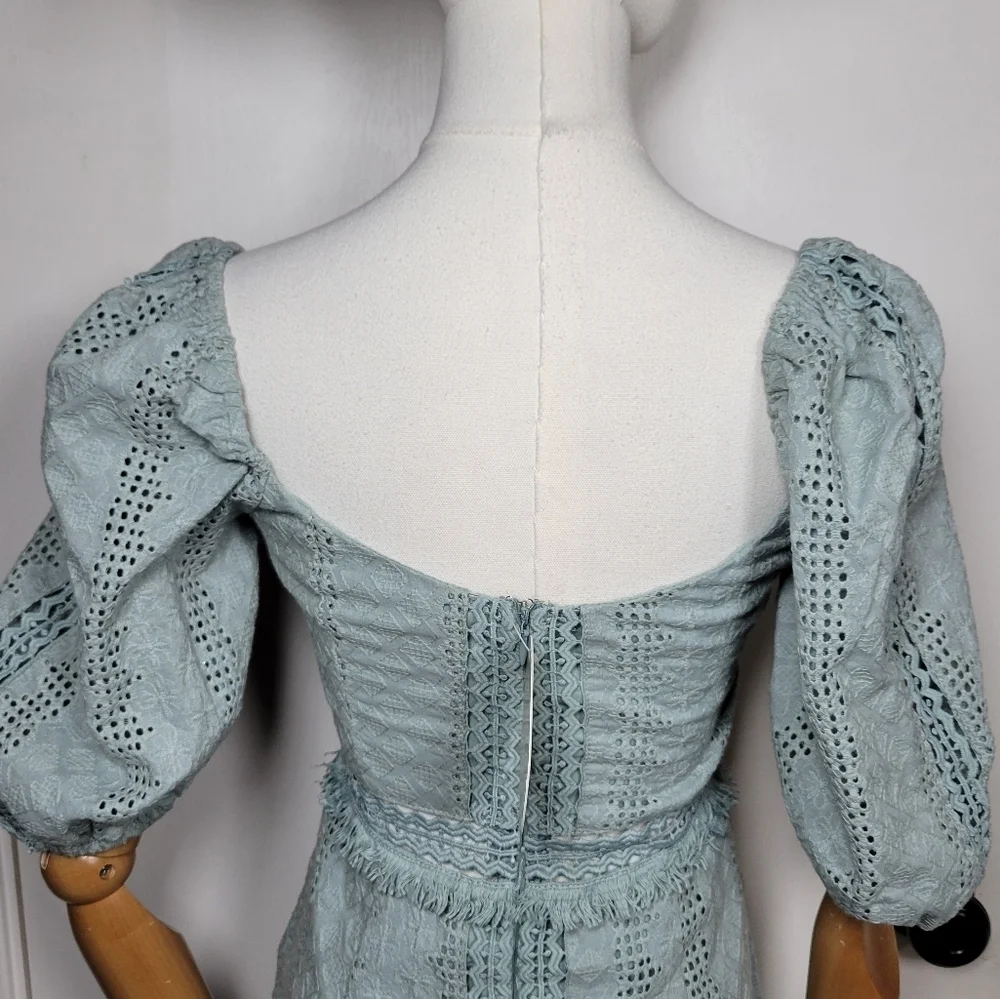 Esther & Co. Saints & Secrets Saige Green Puff Sleeve Eyelet Cotton Dress Size S - Picture 9 of 12
